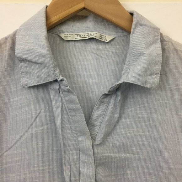 Zara Womens Size S Button Up Shirt Short Sleeve Light Blue Cotton Blend - Picture 2 of 12